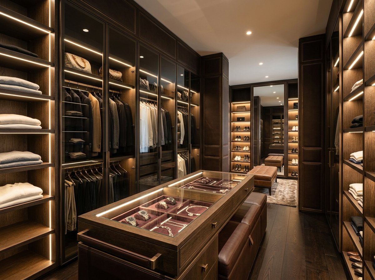 Closet master com portas em vidro reflecta e iluminação LED